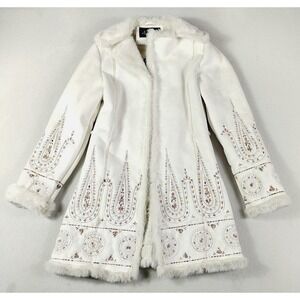 AZIZA Coat Womens Medium White Embroidered Faux Fur Shearling Boho Paisley